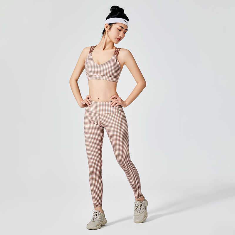 Leggings sportivi da donna con motivo scozzese marrone